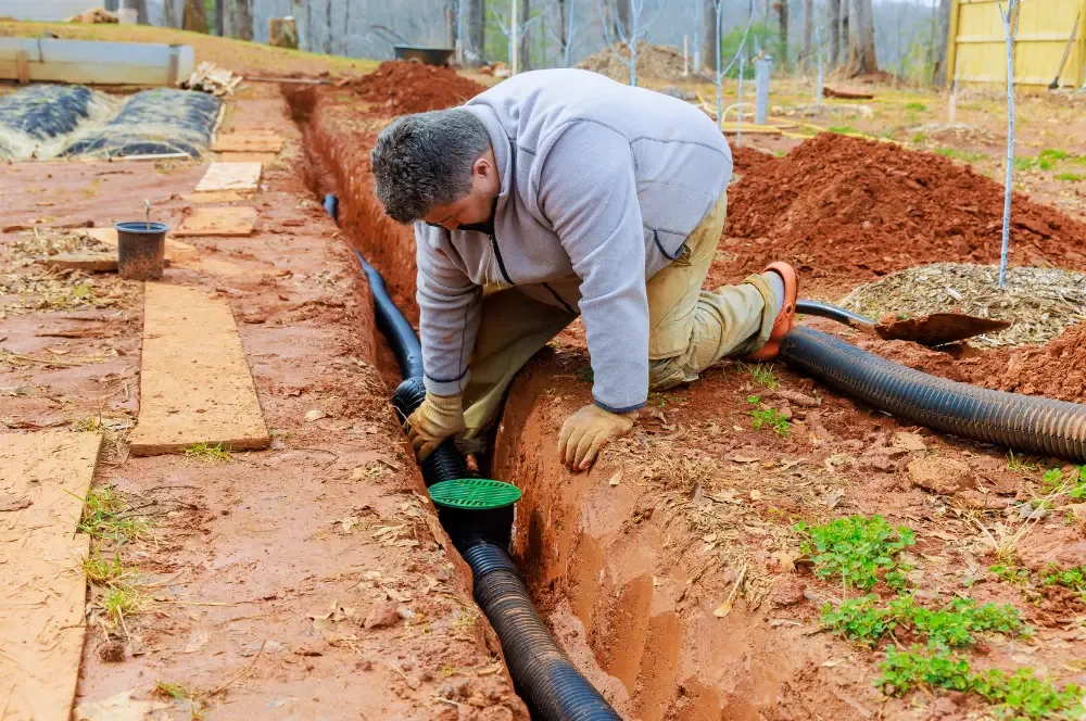 A worker fitting drainage pipe in a trench beside a residential yard